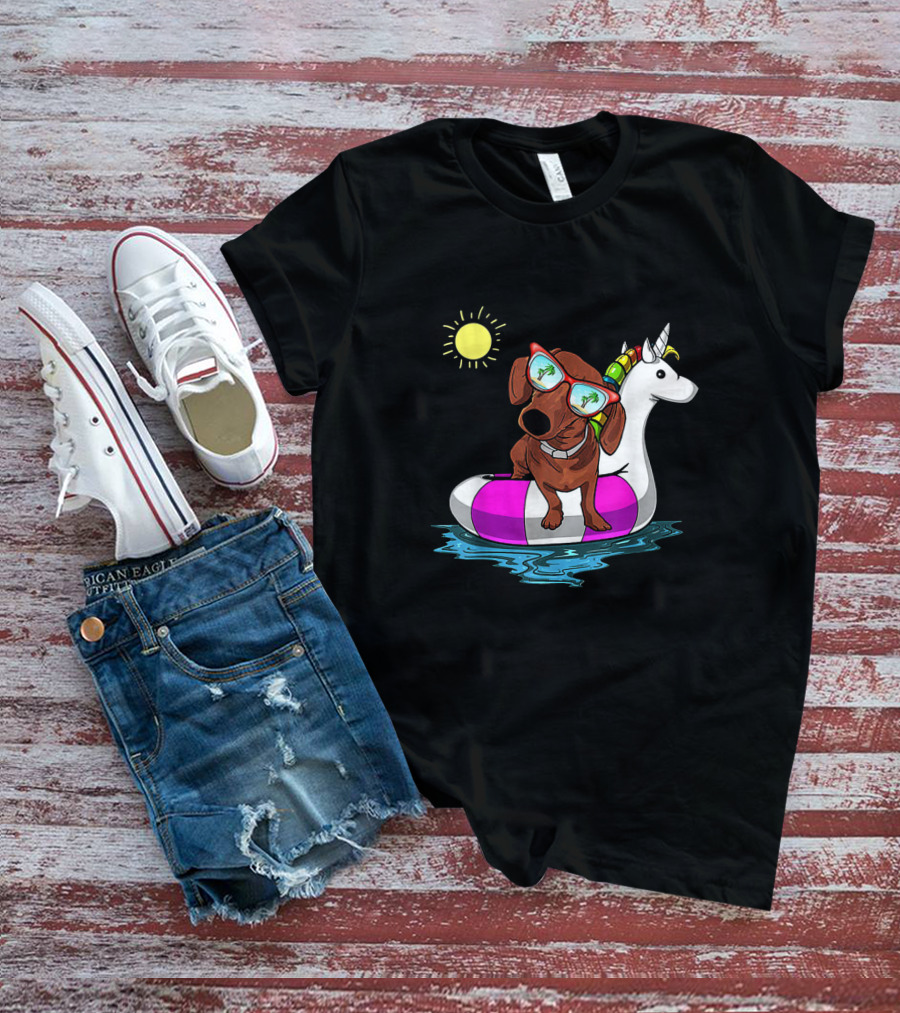 Dachshund On Unicorn Float At Summer Pool Party With Sunglasses And Sun T-Shirt