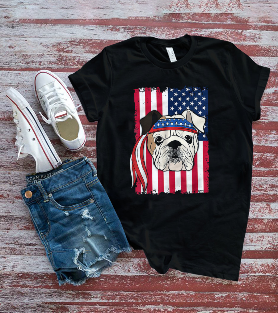Patriotic Bulldog Wearing Bandana With American Flag Background T-Shirt