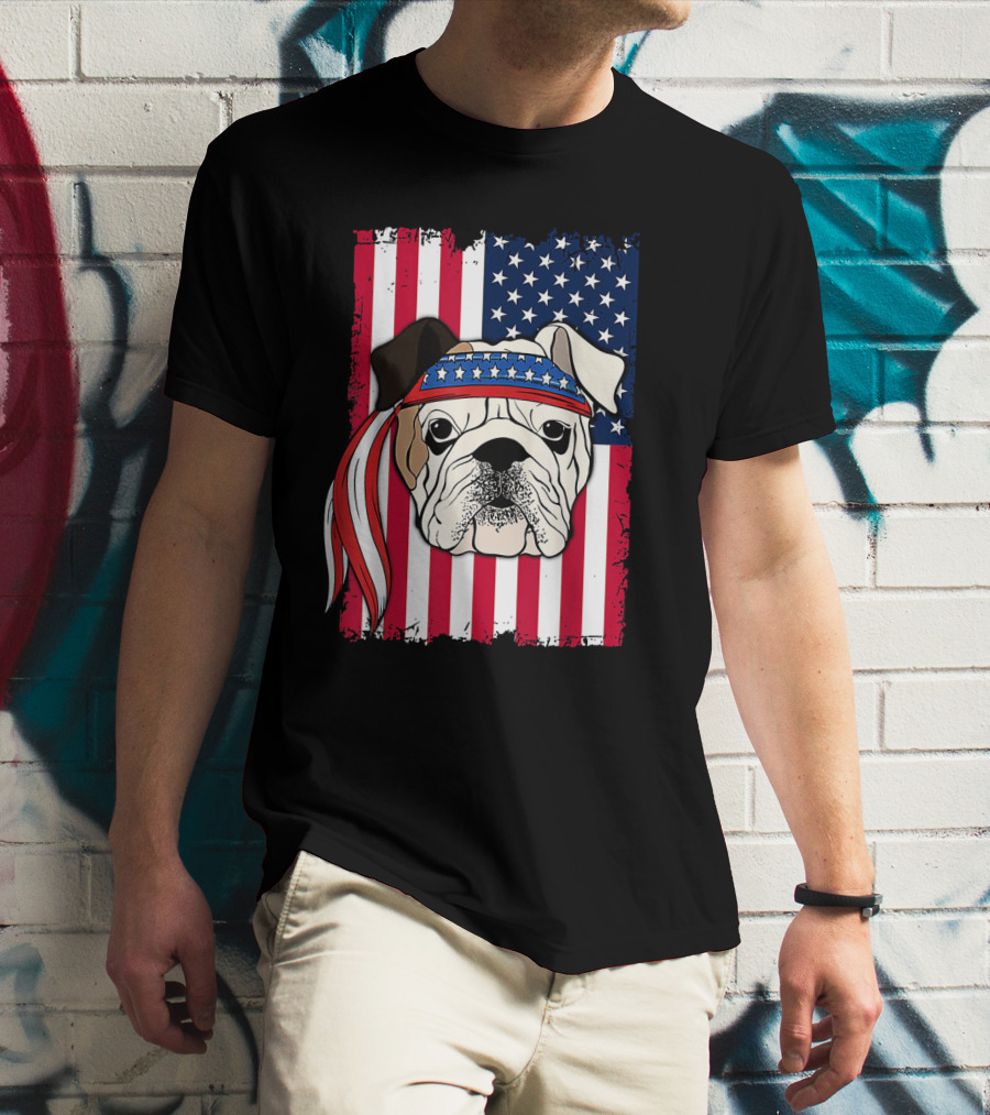 Patriotic Bulldog Wearing Bandana With American Flag Background T-Shirt