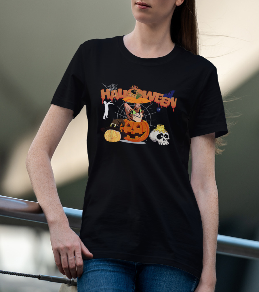 Halloween Bengal Cat Pumpkin Witch Zombie Skull T-Shirt