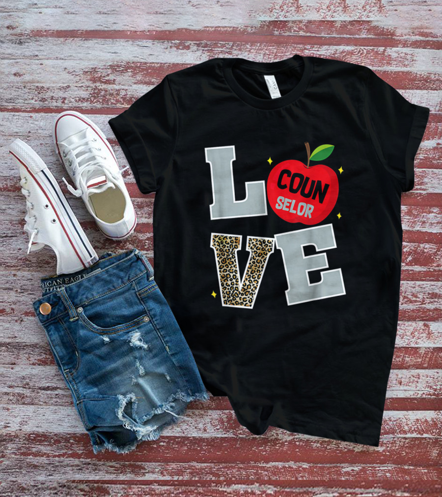 LOVE Counselor Apple Back To School Leopard Print Teacher T-Shirt