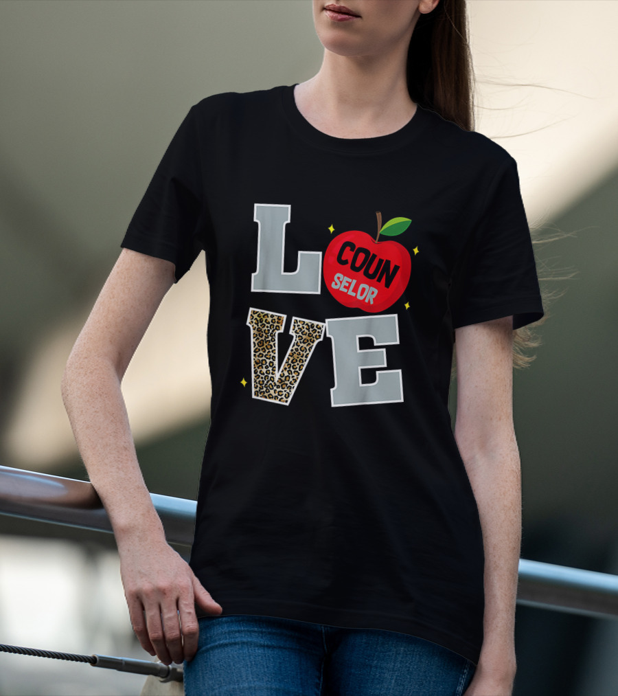 LOVE Counselor Apple Back To School Leopard Print Teacher T-Shirt