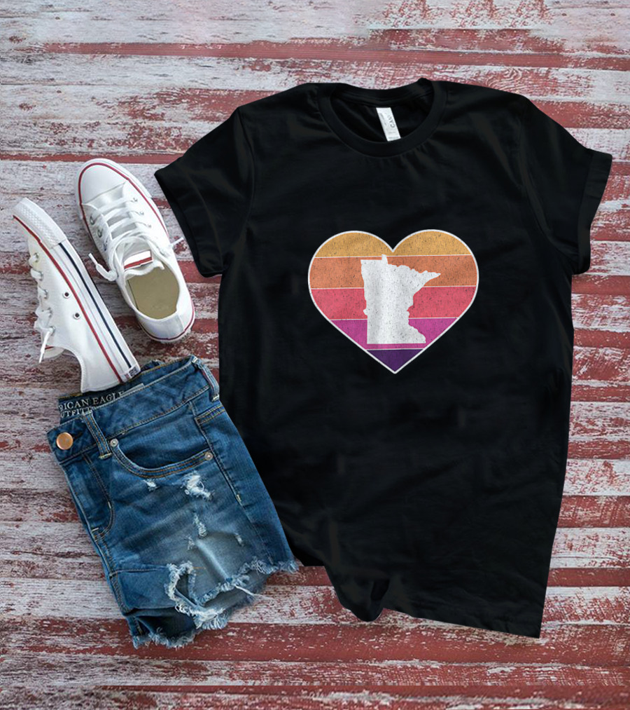 Minnesota Love Heart With State Silhouette On Vintage Stripes T-Shirt