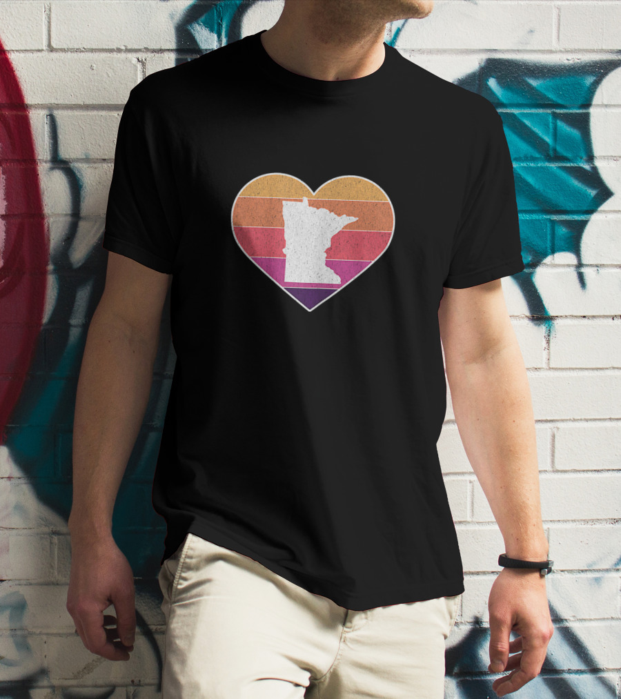 Minnesota Love Heart With State Silhouette On Vintage Stripes T-Shirt