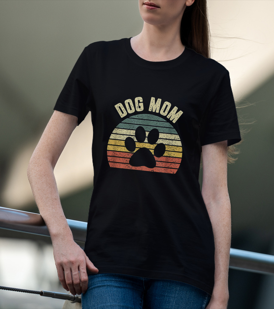 Dog Mom Vintage Striped Paw Prints T-Shirt