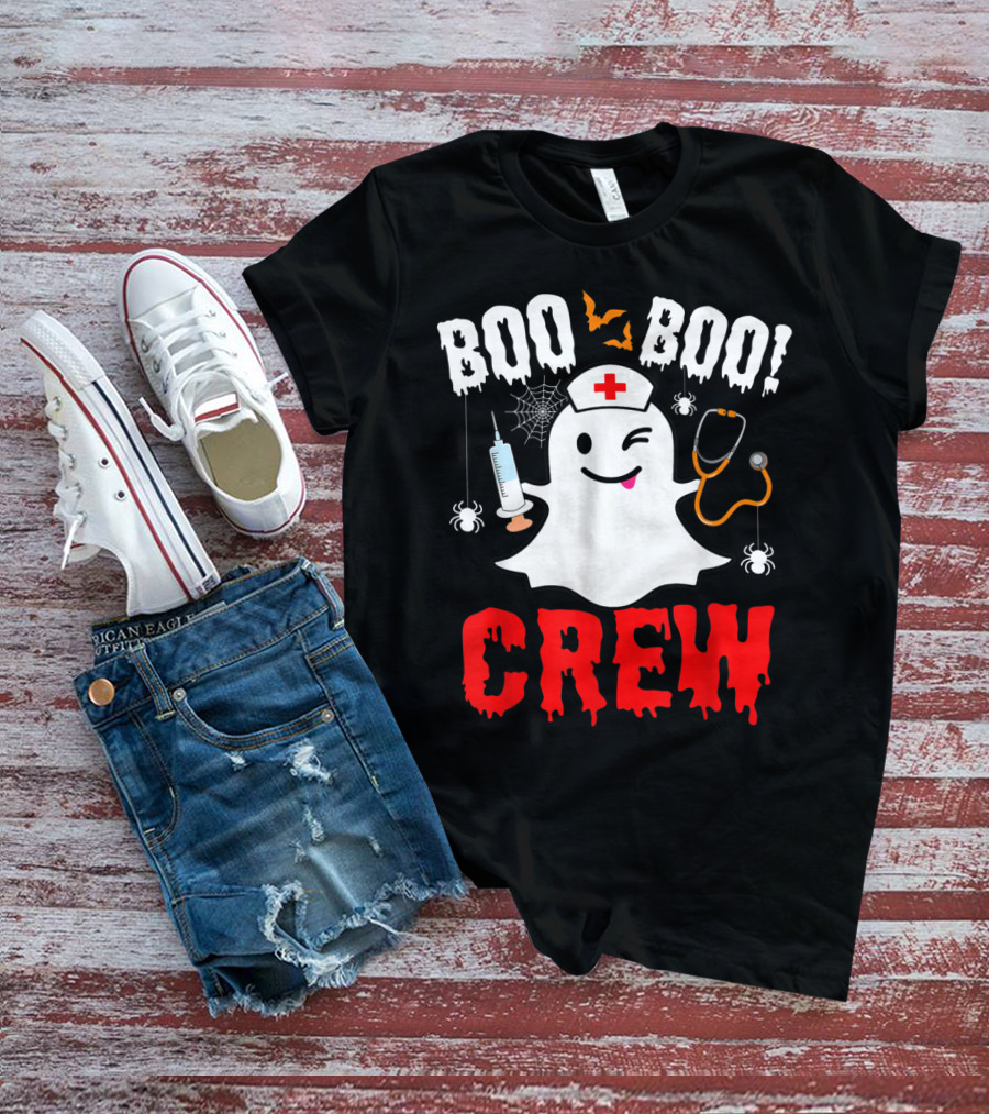 Boo Boo Crew Nurse Ghost Halloween Spiders Bats Stethoscope T-Shirt