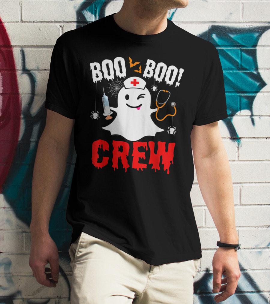 Boo Boo Crew Nurse Ghost Halloween Spiders Bats Stethoscope T-Shirt