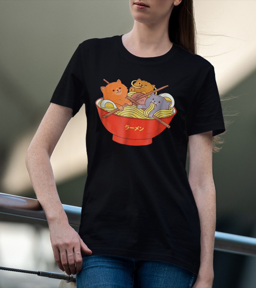 Kawaii Anime Cat Ramen Noodles In Red Bowl With Japanese Text T-Shirt