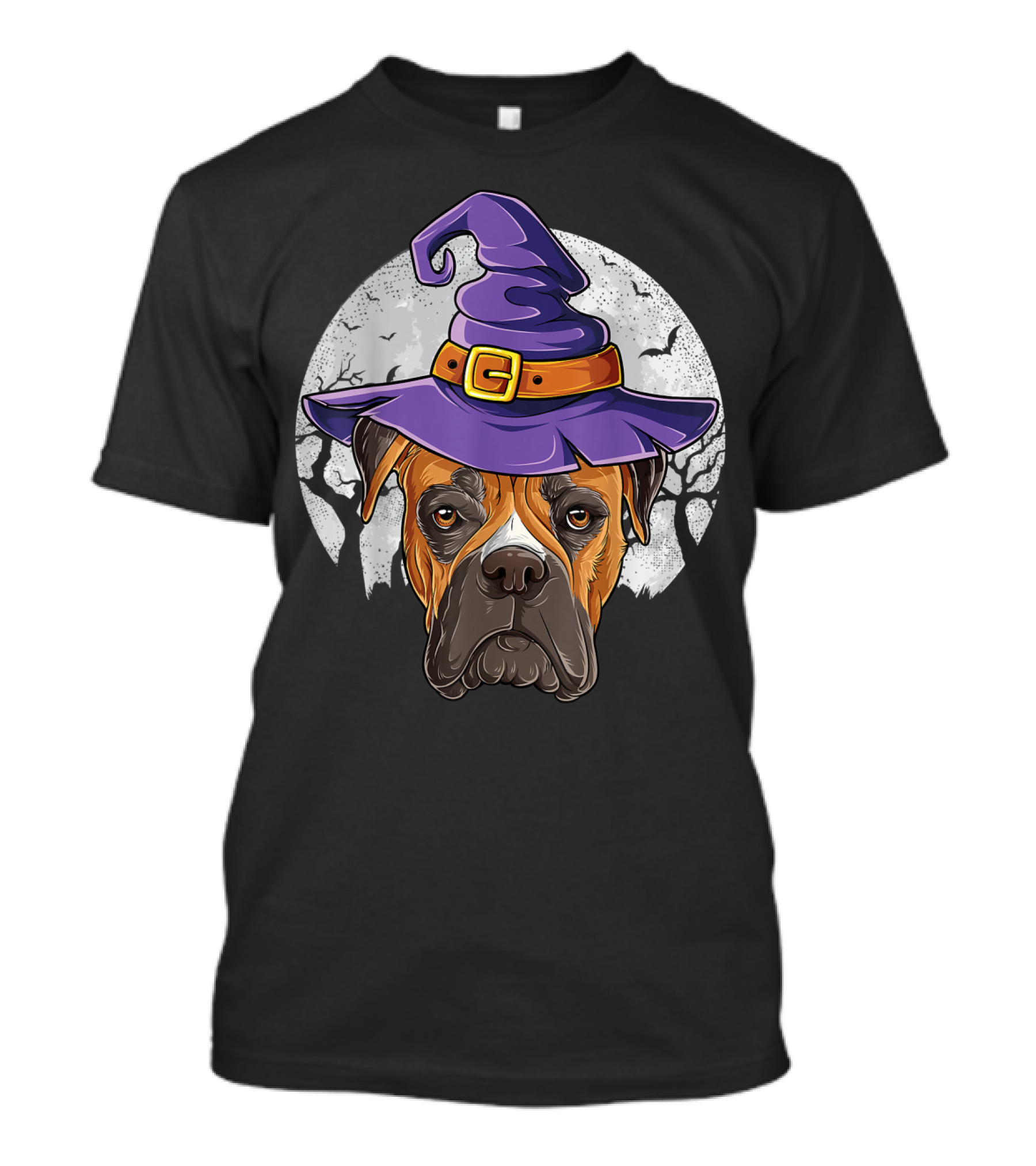Boxer Dog In Purple Witch Hat With Moon And Bats Halloween T-Shirt