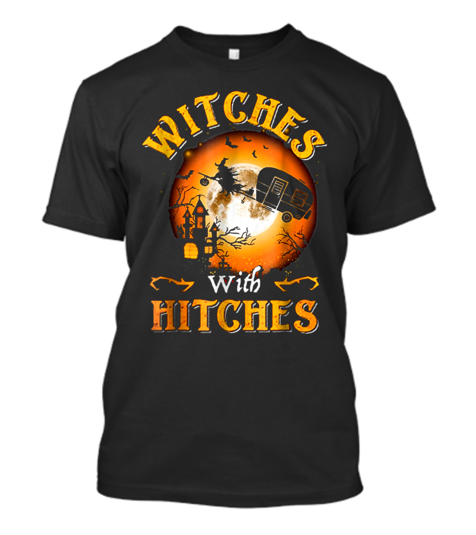 Witches With Hitches Flying Broomstick Full Moon Haunted House T-Shirt