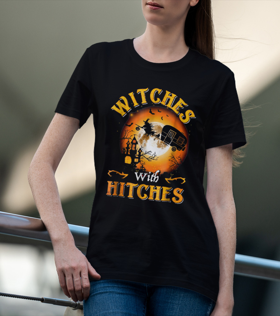 Witches With Hitches Flying Broomstick Full Moon Haunted House T-Shirt