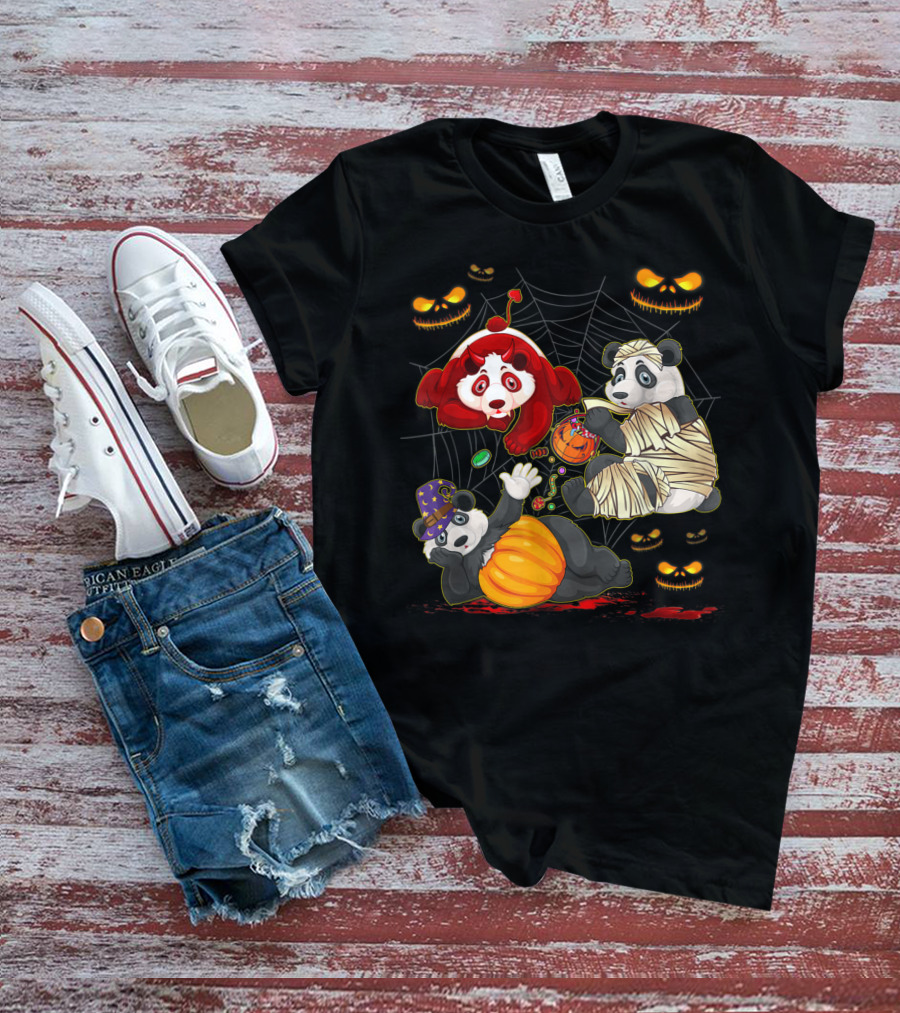 Halloween Panda Trio Mummy Clown Pumpkin Costume With Spider Web And Jack-o'-Lanterns T-Shirt