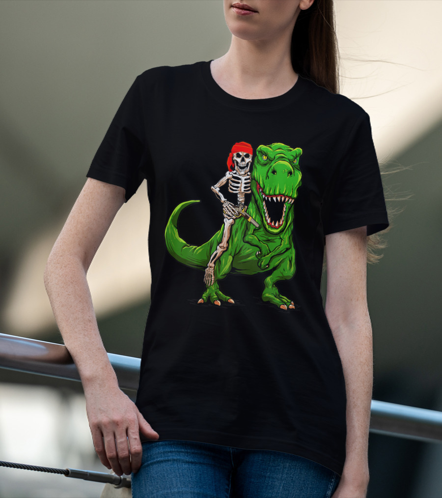 Pirate Skeleton Riding Rex Dinosaur With Red Bandana T-Shirt