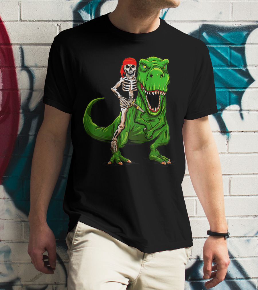 Pirate Skeleton Riding Rex Dinosaur With Red Bandana T-Shirt