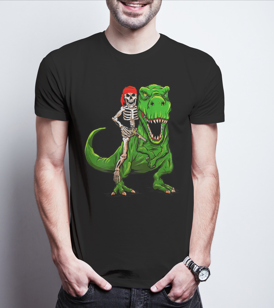Pirate Skeleton Riding Rex Dinosaur With Red Bandana T-Shirt