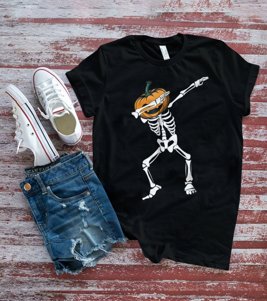 Funny Dabbing Pumpkin Head Skeleton Halloween T-Shirt