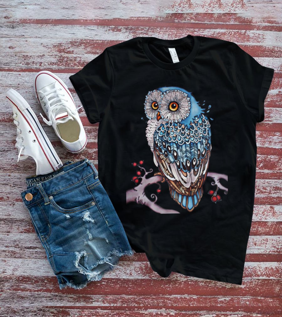 Luminous Blue Owl On Branch With Red Berries - Owl For You T-Shirt