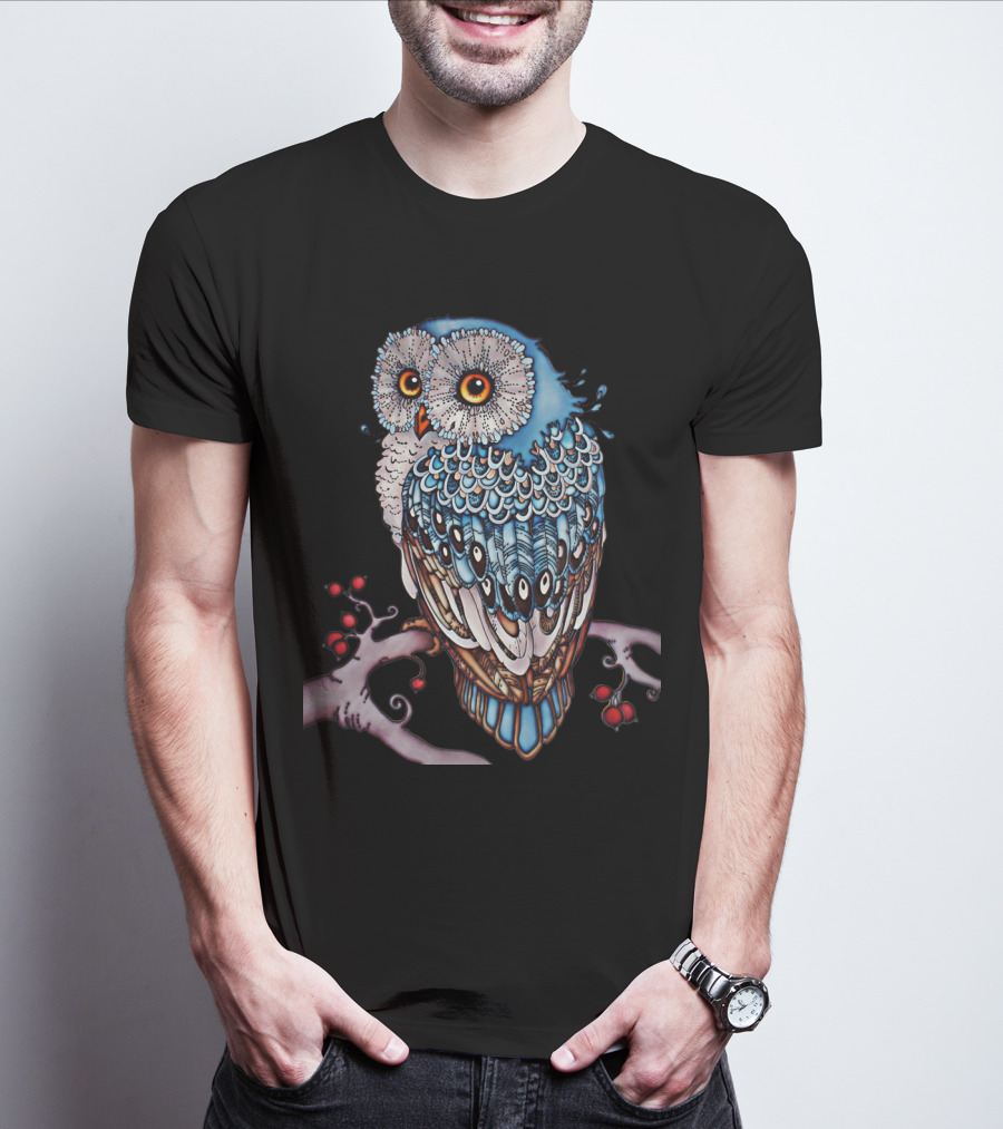 Luminous Blue Owl On Branch With Red Berries - Owl For You T-Shirt