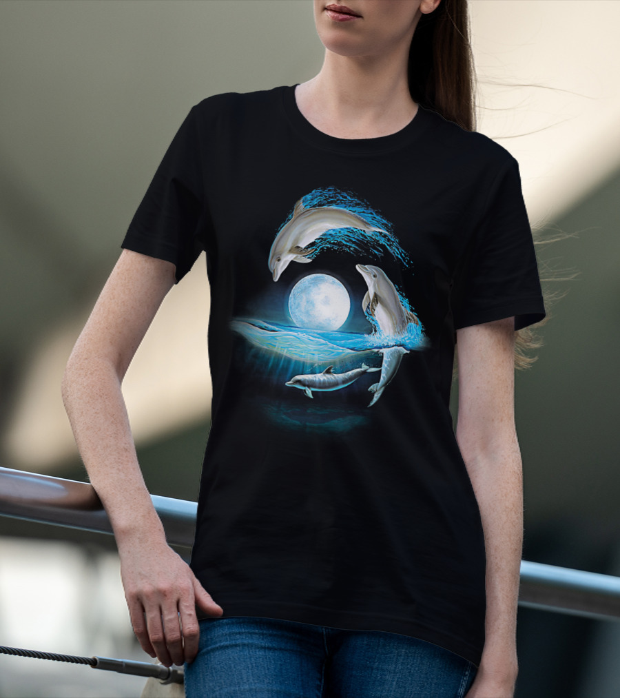 Full Moon Dolphin Leap Ocean Waves T-Shirt