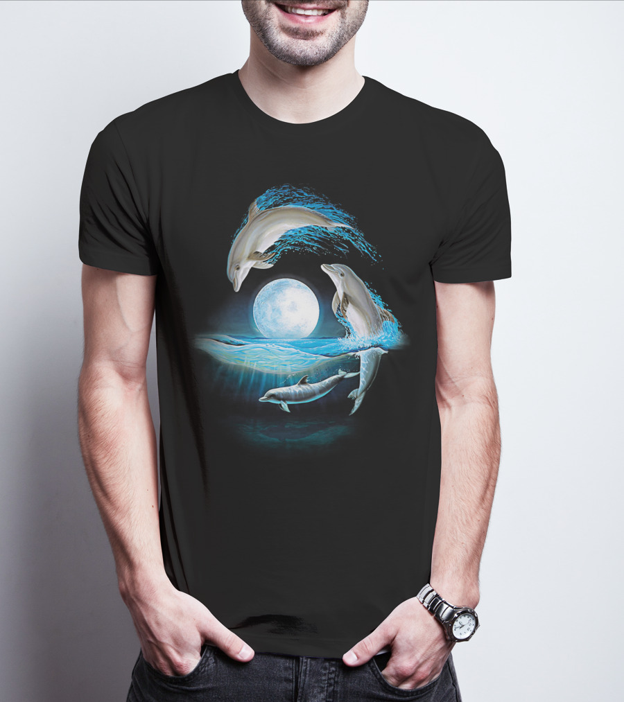 Full Moon Dolphin Leap Ocean Waves T-Shirt