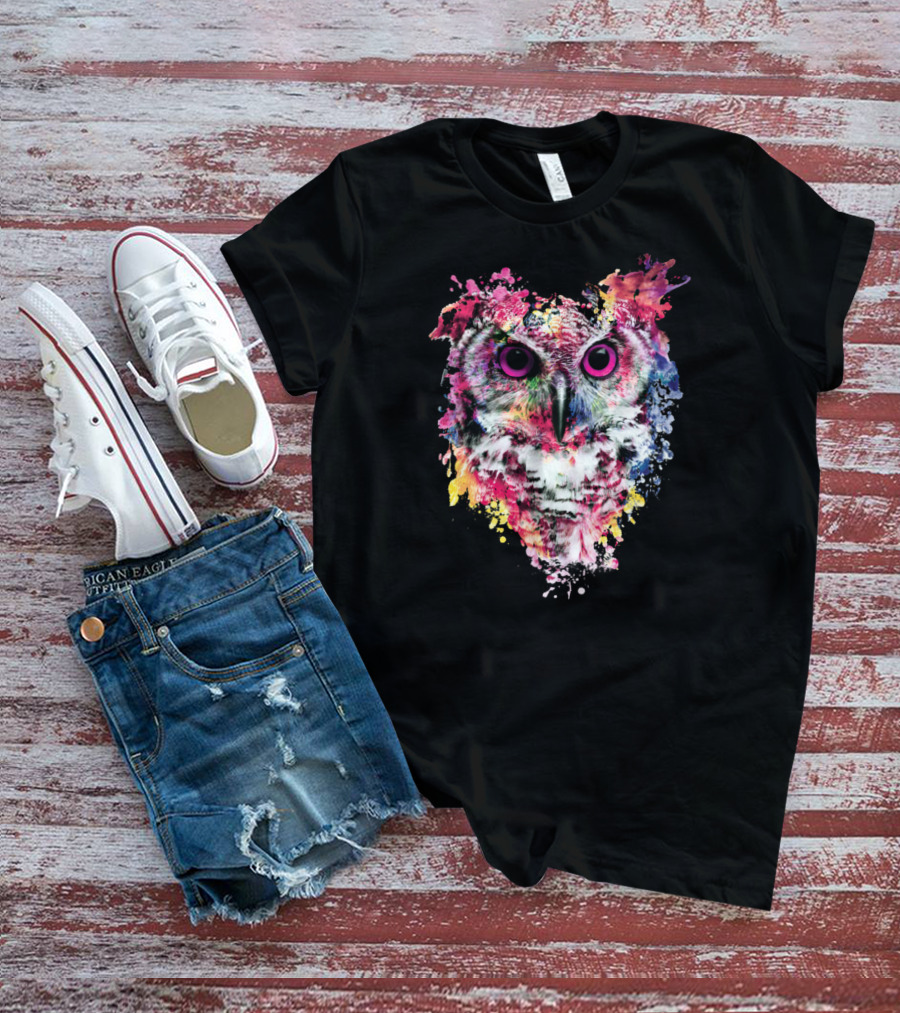 Colorful Owl Splatter Art Vibrant Watercolor Paint Explosion T-Shirt