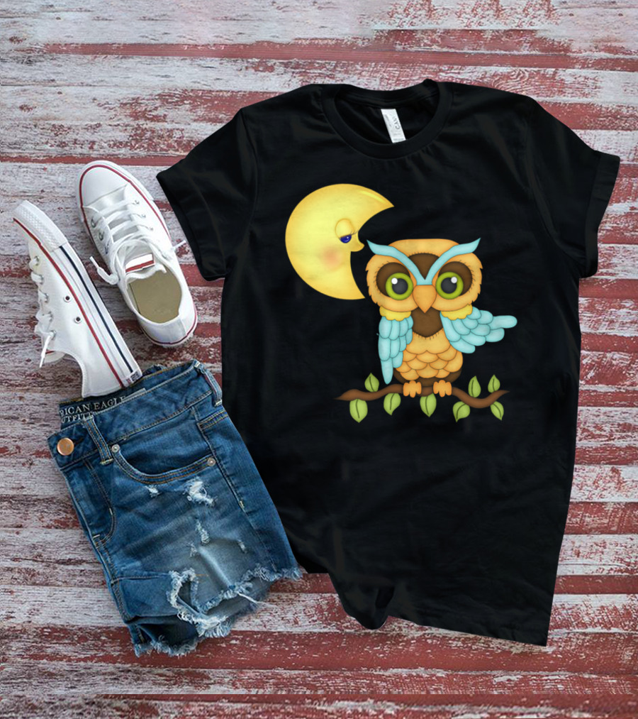 Owl Sitting On Branch With Smiling Crescent Moon T-Shirt