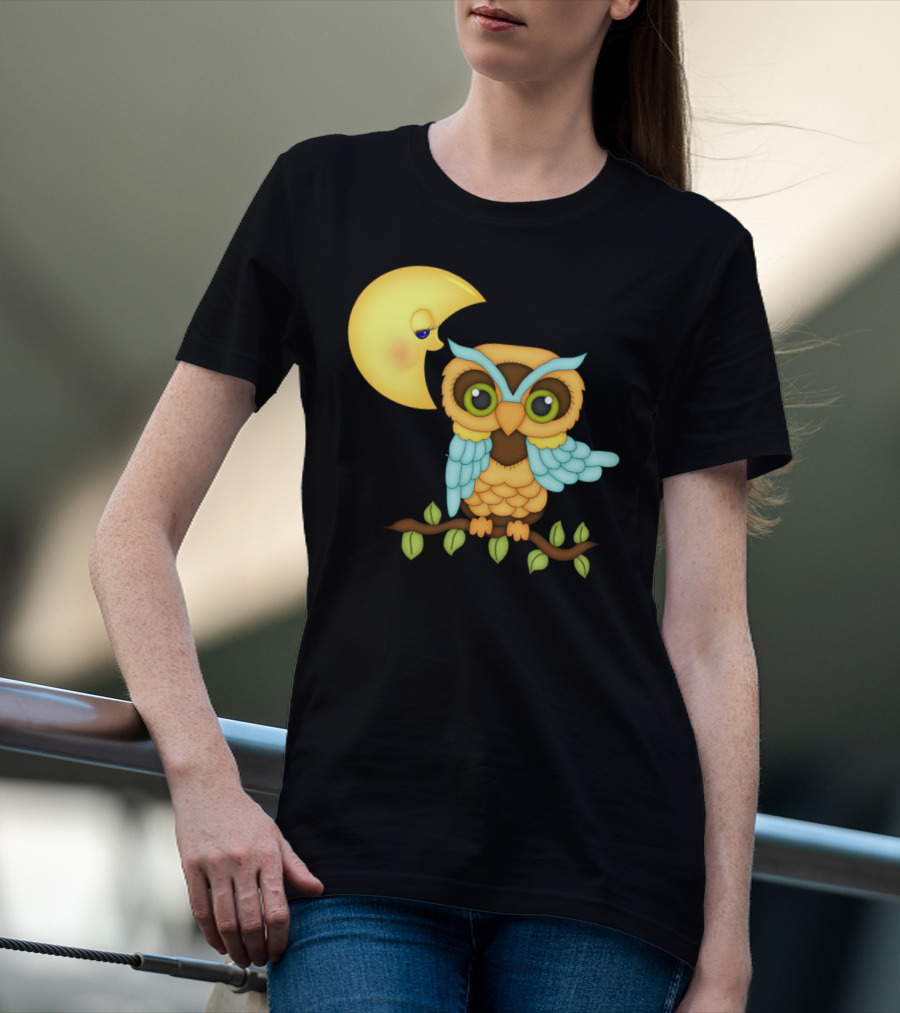 Owl Sitting On Branch With Smiling Crescent Moon T-Shirt