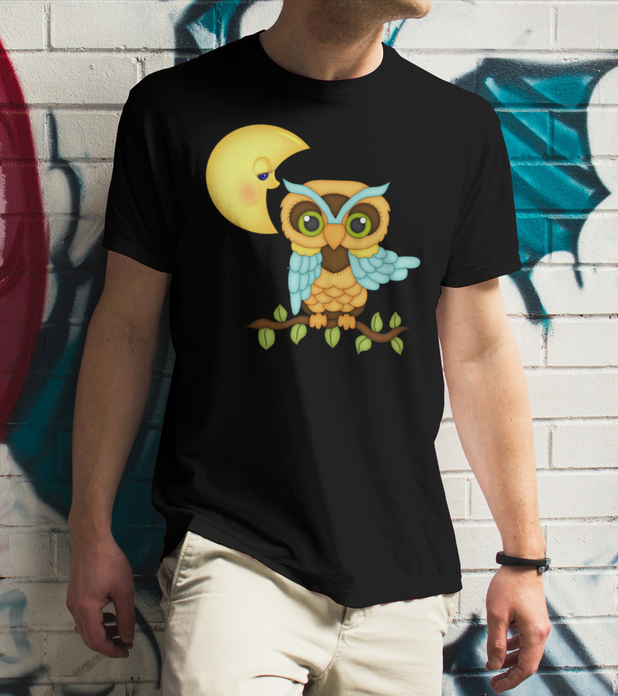 Owl Sitting On Branch With Smiling Crescent Moon T-Shirt