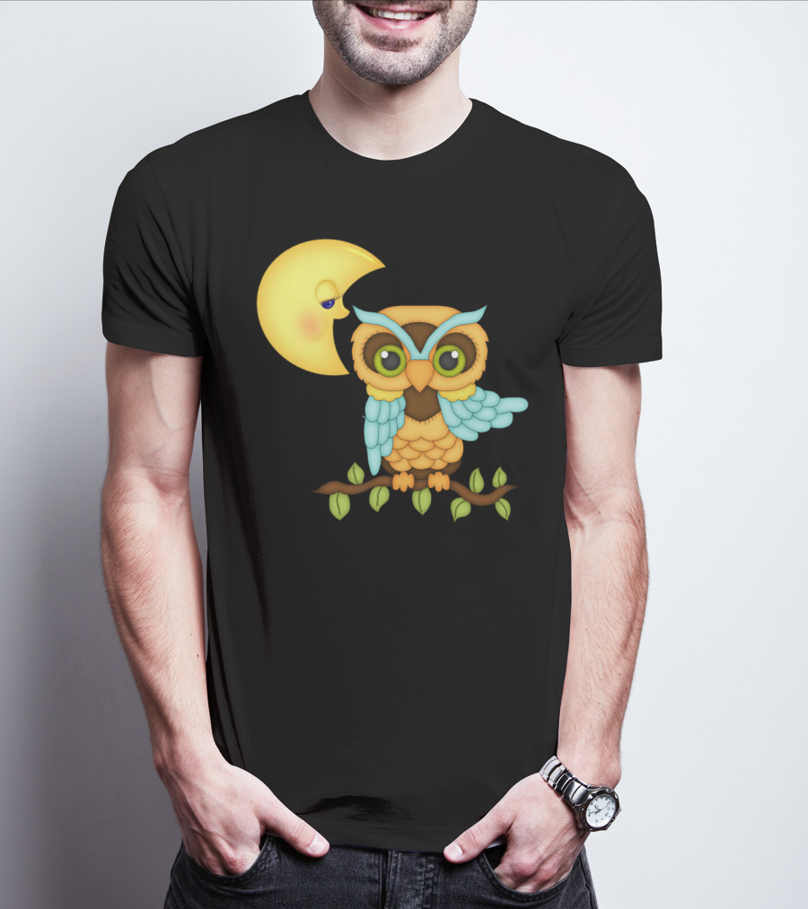 Owl Sitting On Branch With Smiling Crescent Moon T-Shirt