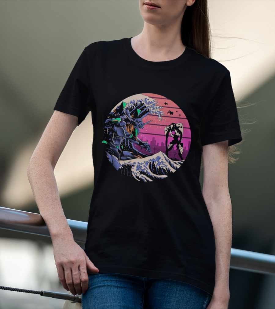 Neon Genesis Evangelion Retro Wave Style Giant Mecha Ocean Scene T-Shirt