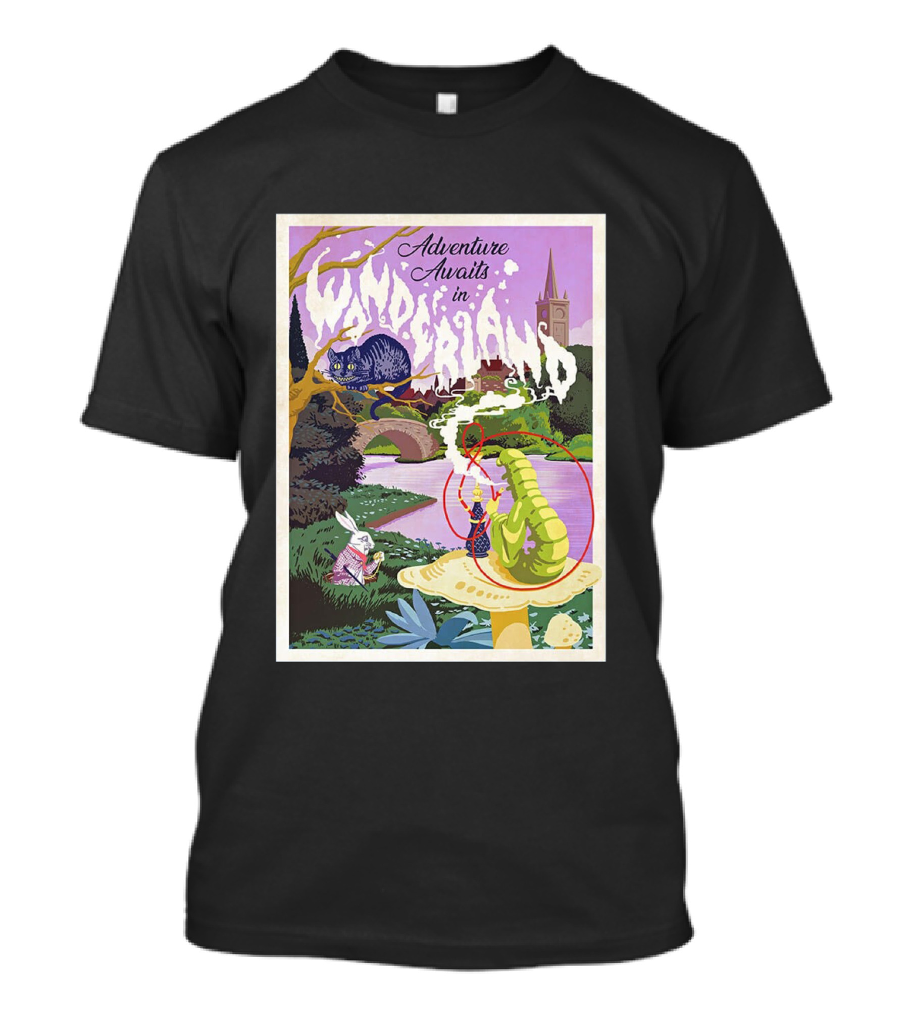 Adventure Awaits In Wonderland Cheshire Cat And Caterpillar Scene T-Shirt