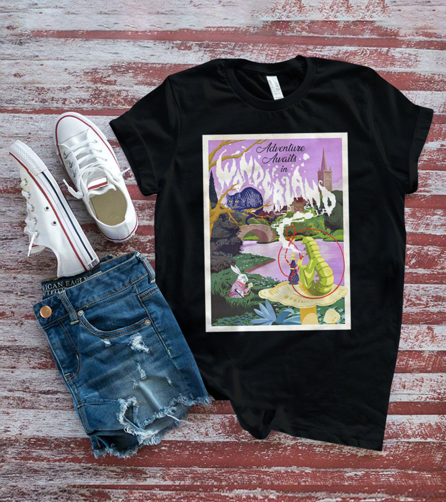 Adventure Awaits In Wonderland Cheshire Cat And Caterpillar Scene T-Shirt