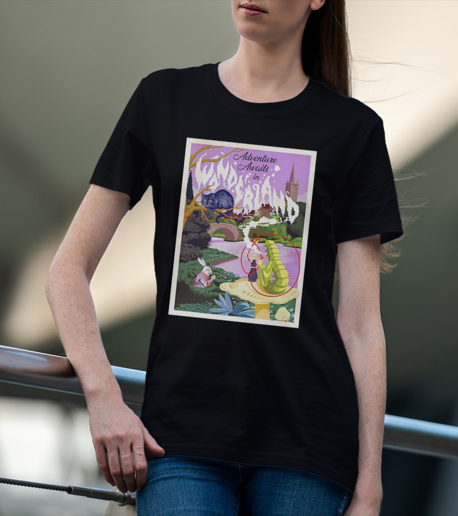 Adventure Awaits In Wonderland Cheshire Cat And Caterpillar Scene T-Shirt