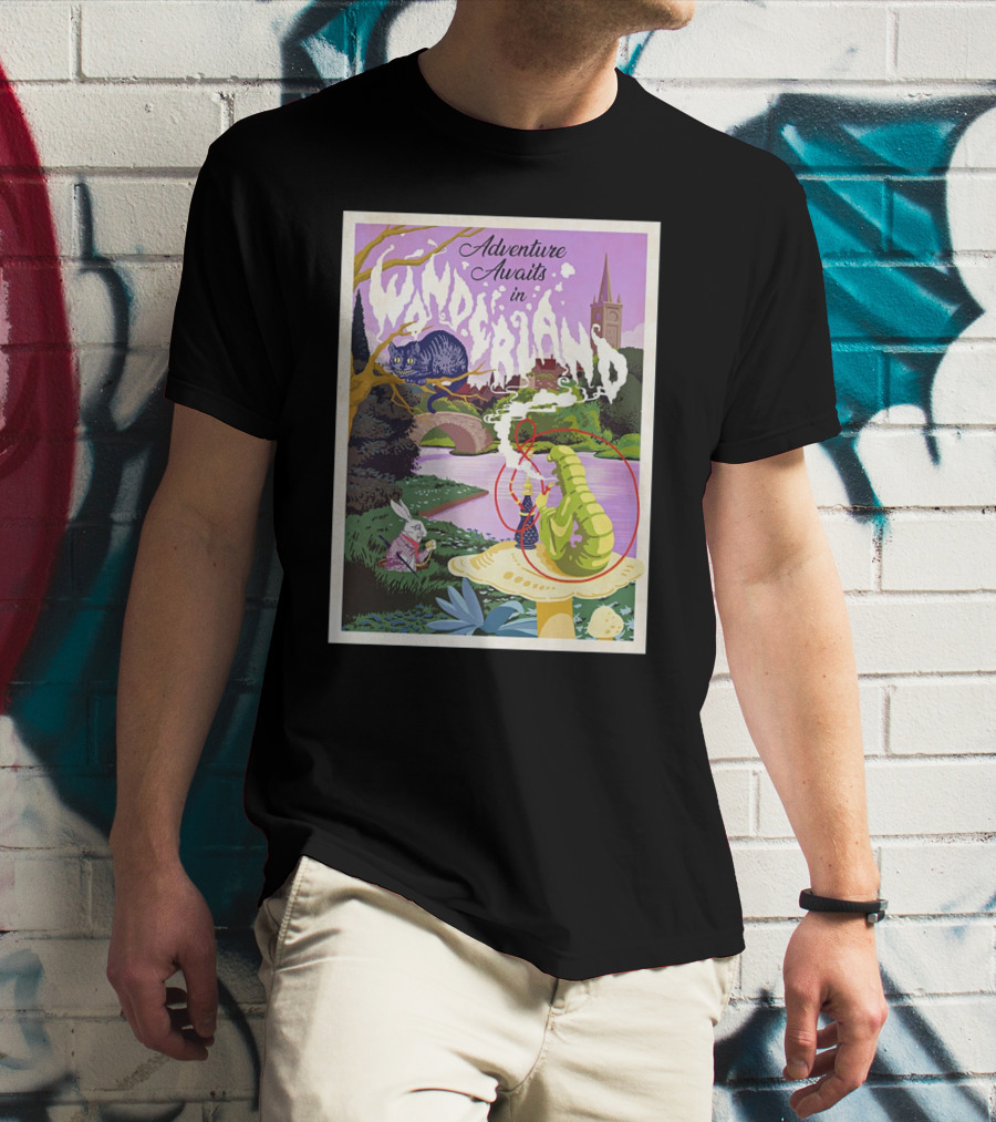 Adventure Awaits In Wonderland Cheshire Cat And Caterpillar Scene T-Shirt