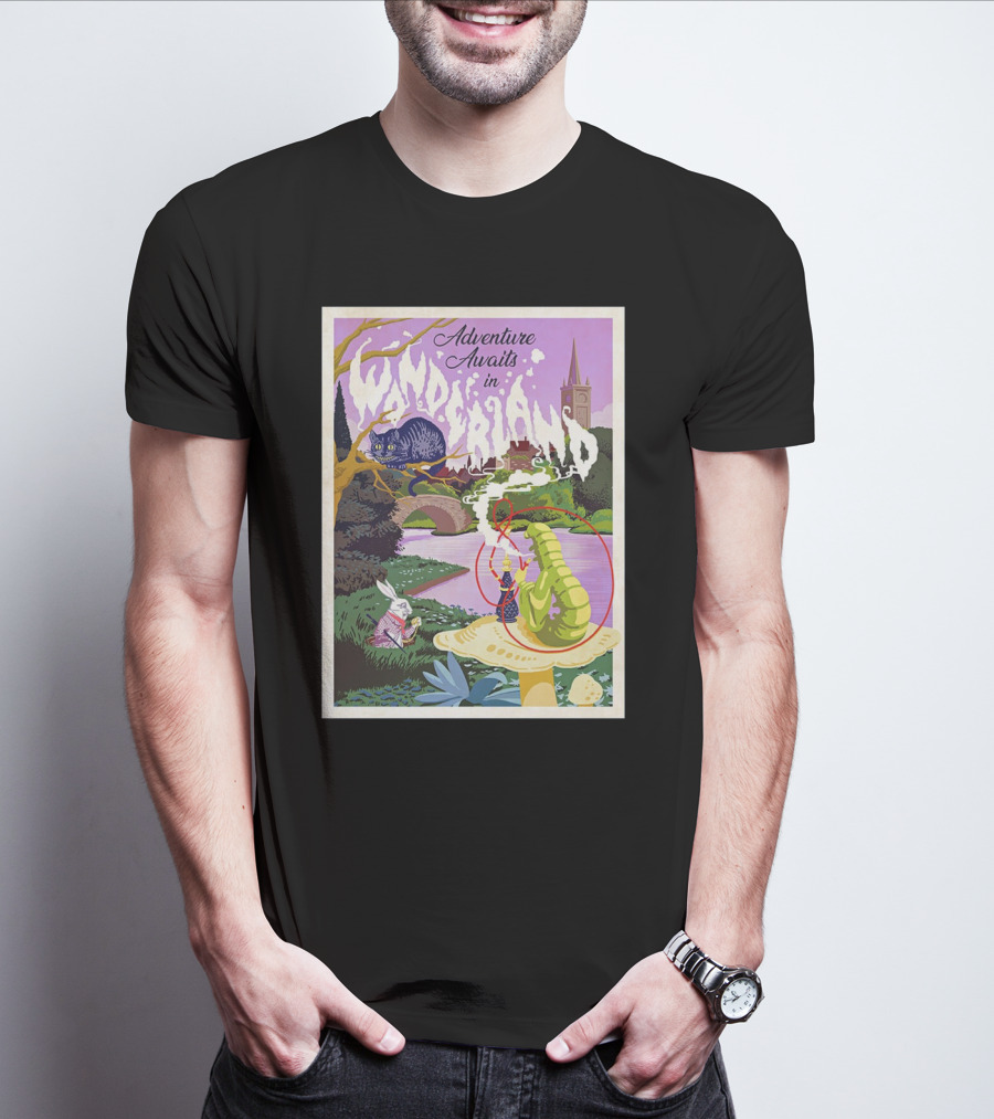 Adventure Awaits In Wonderland Cheshire Cat And Caterpillar Scene T-Shirt