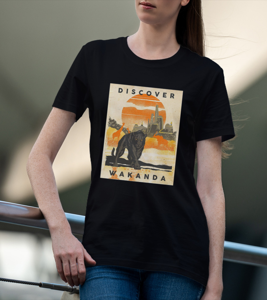 Discover Wakanda Panther And Futuristic Cityscape With Sunset T-Shirt