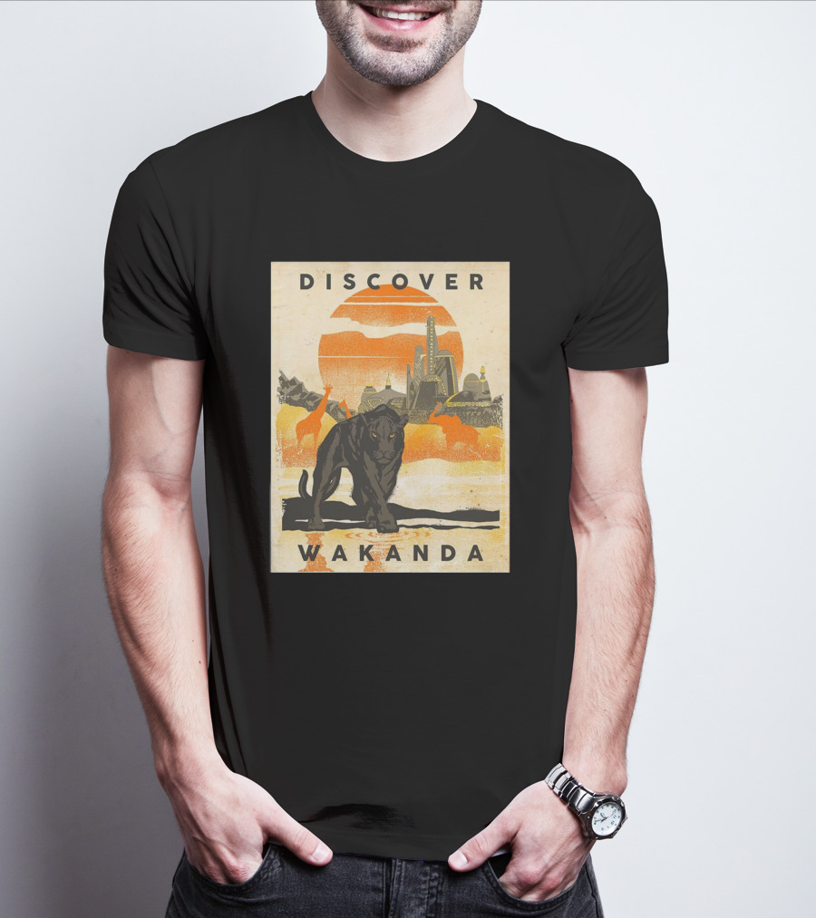 Discover Wakanda Panther And Futuristic Cityscape With Sunset T-Shirt