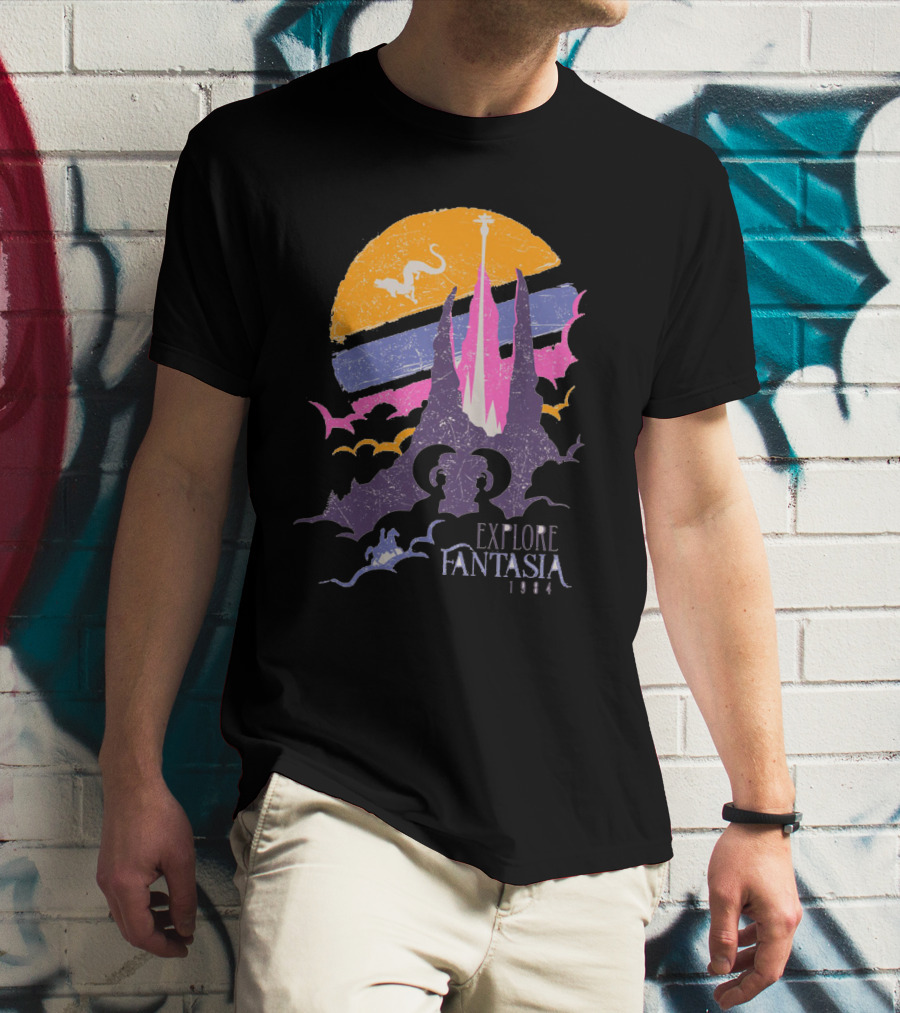 Explore Fantasia 1984 Vintage Adventure Sunset Magic Realms T-Shirt