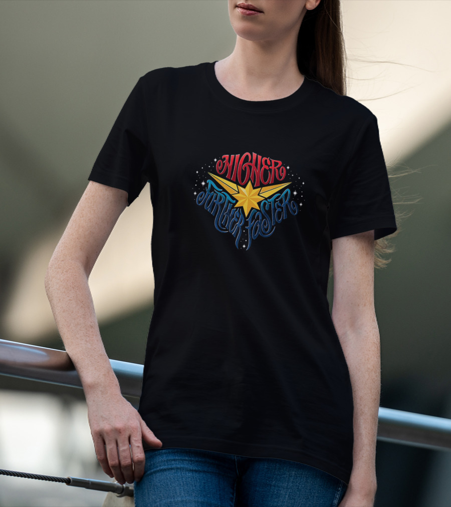 Marvel Captain Marvel Higher Further Faster Star Iconic Slogan With Cosmic T-Shirt