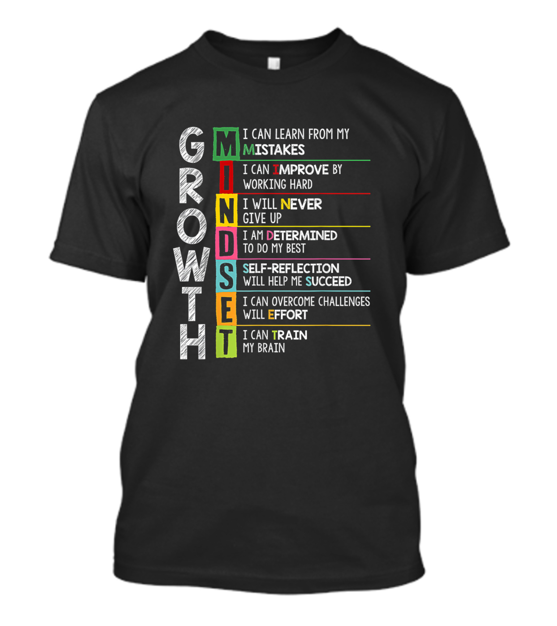 Growth Mindset Mistakes Improve Hard Work Never Give Up Determined Self Reflection Succeed Overcome Challenges Train Brain T-Shirt