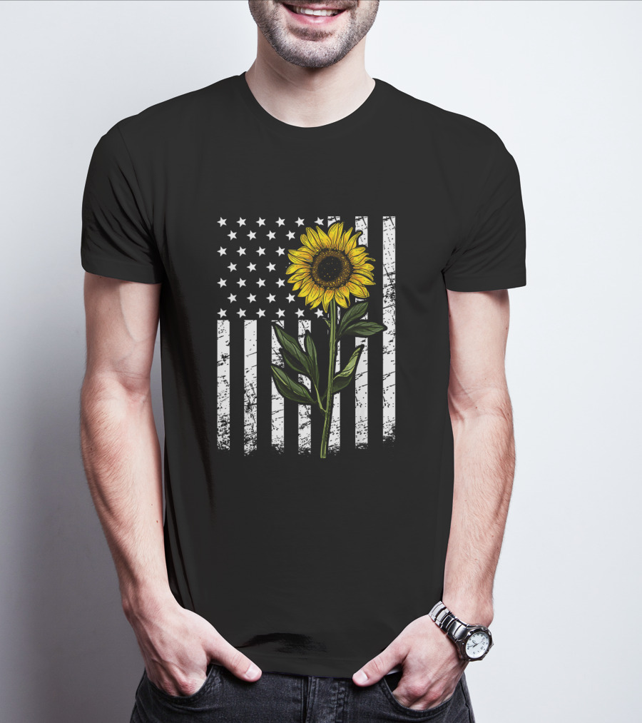 American Flag Sunflower Enthusiasts Patriotic T-Shirt
