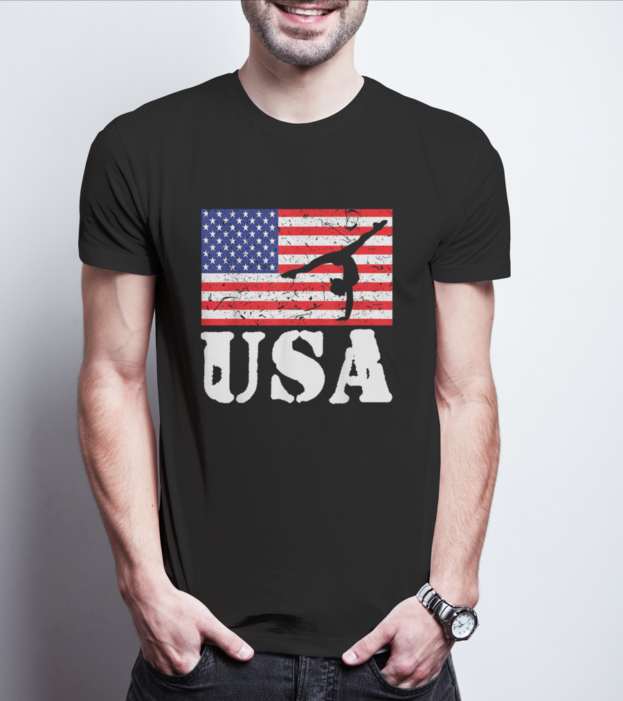 Distressed USA Flag Gymnastics Vintage Tumbling American Flag T-Shirt