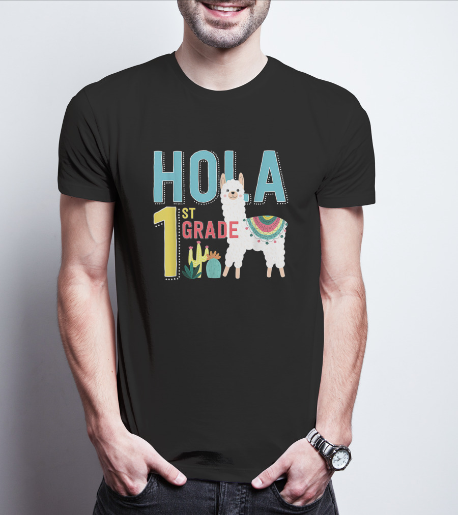 HOLA First Grade Llama Cactus Theme Educational ESL Teachers T-Shirt