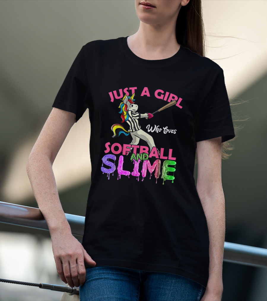 Just A Girl Who Loves Softball And Slime Unicorn With Colorful Bat-Wielding Character T-Shirt