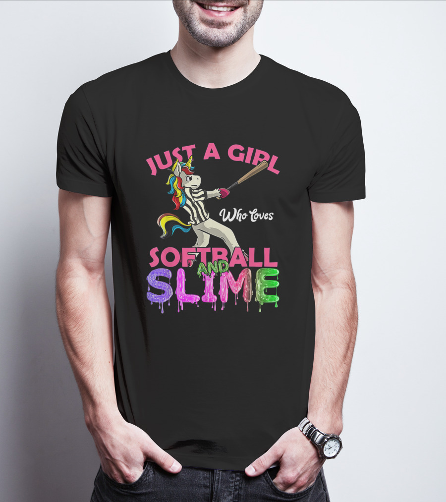 Just A Girl Who Loves Softball And Slime Unicorn With Colorful Bat-Wielding Character T-Shirt