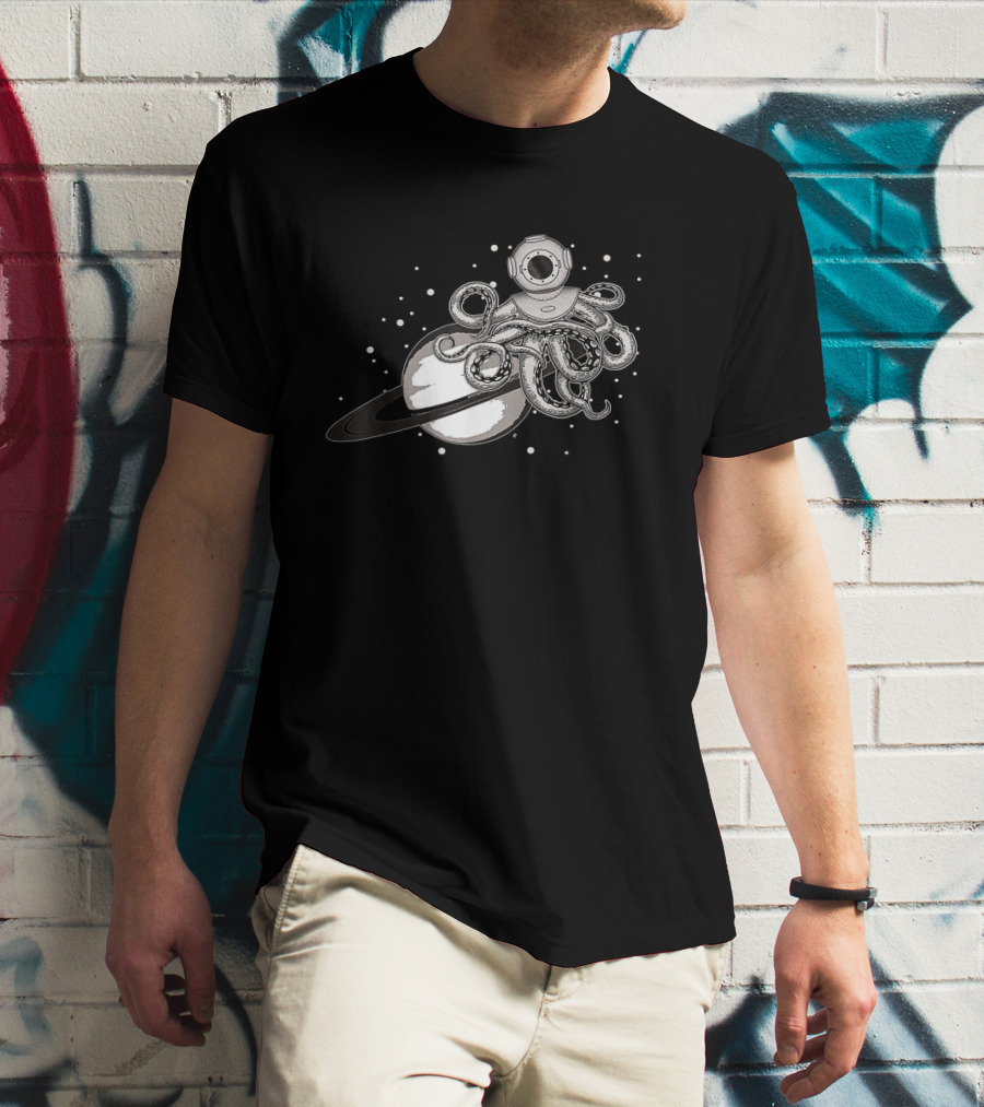 Steampunk Octopus With Diving Helmet Floating In Space By Ringed Planet T-Shirt