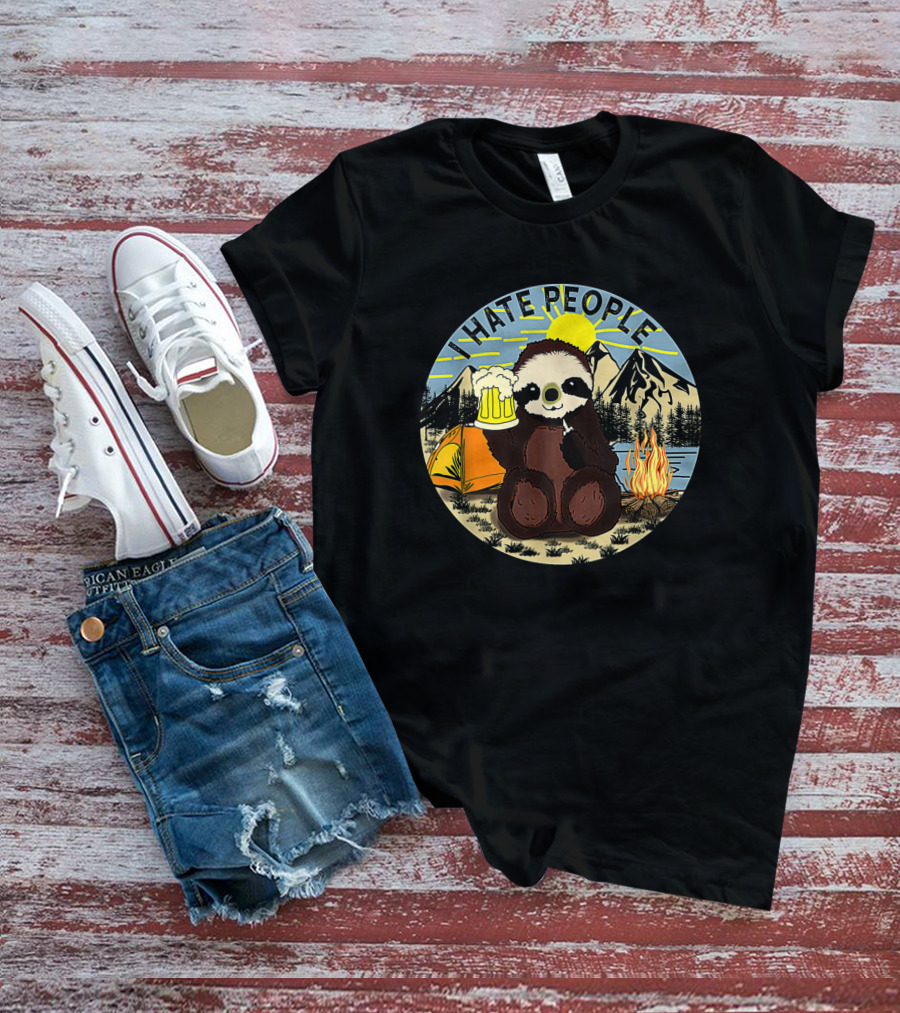 Sloth Holding Beer In Mountain Camping Scene With I Hate People Text T-Shirt
