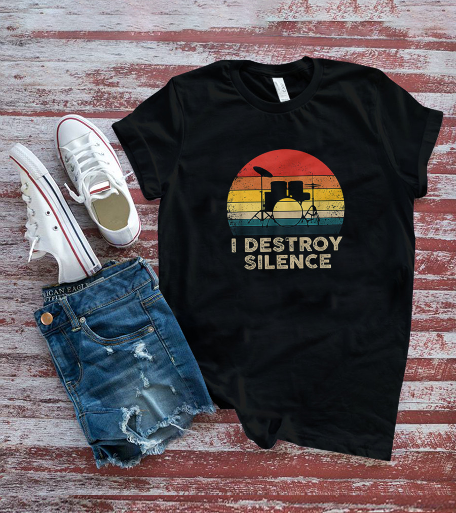 Vintage Drum Set Silhouette I Destroy Silence Drummer Retro Sunset Stripes T-Shirt