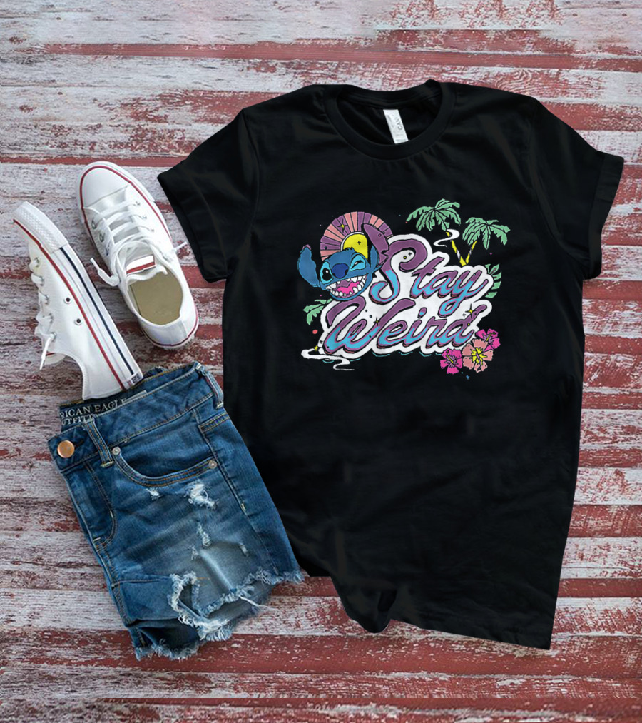 Disney Lilo And Stitch Stay Weird Tropical Vibes With Palm Trees And Hibiscus T-Shirt