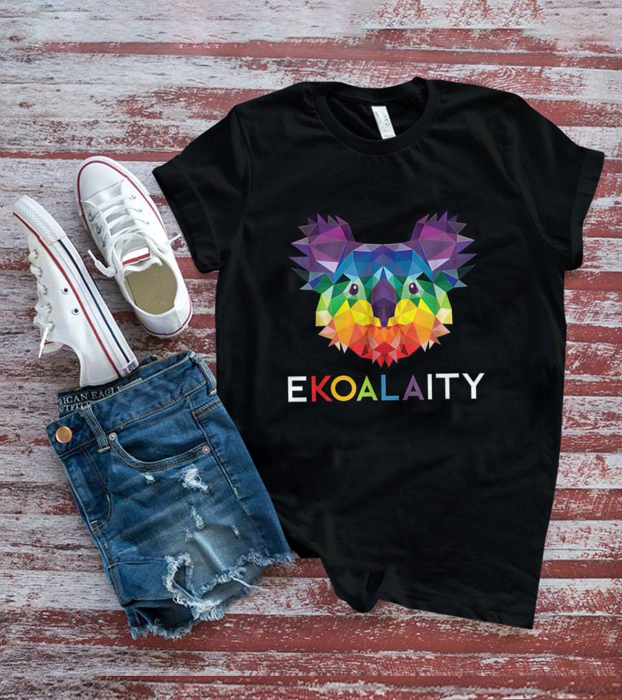 Colorful Geometric EKOALAITY Koala Face With Rainbow Pride Flag Text Elements T-Shirt